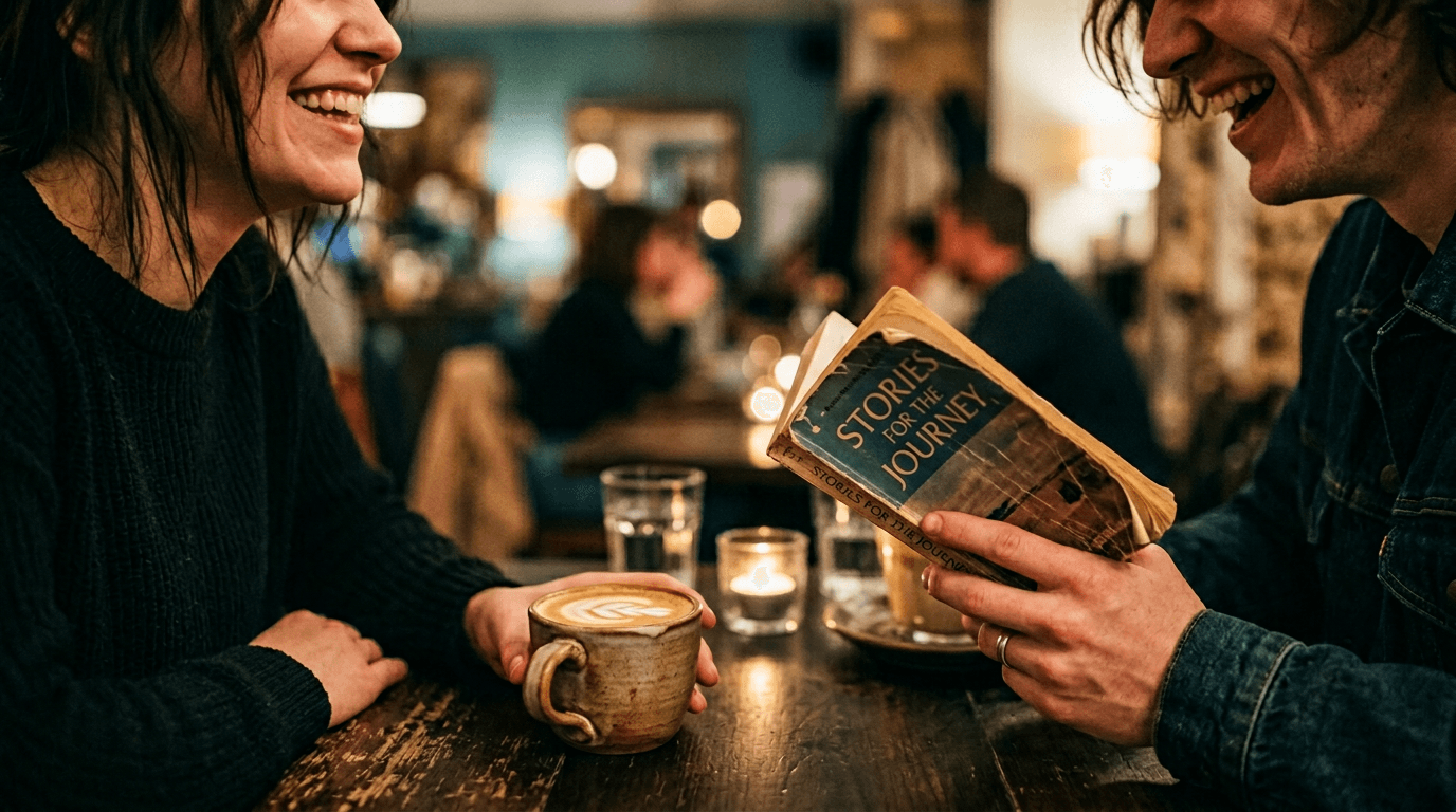 Two strangers laughing over coffee and a worn paperback in a café