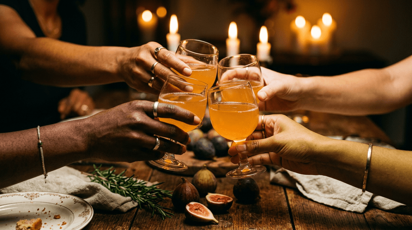 Four hands of different skin tones clinking glasses of amber wine over a candlelit table
