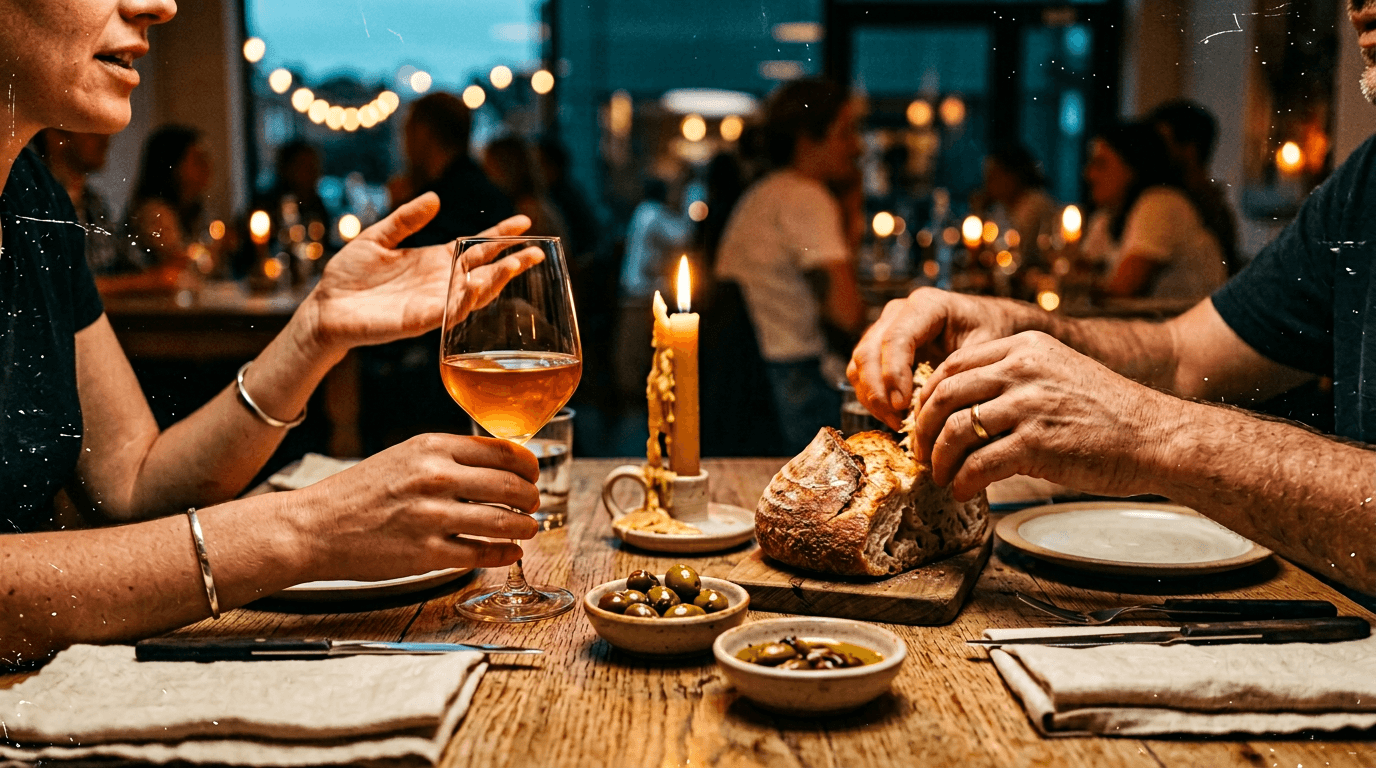 A long wooden table set for dinner with candles, natural wine, torn sourdough and the hands of strangers reaching across