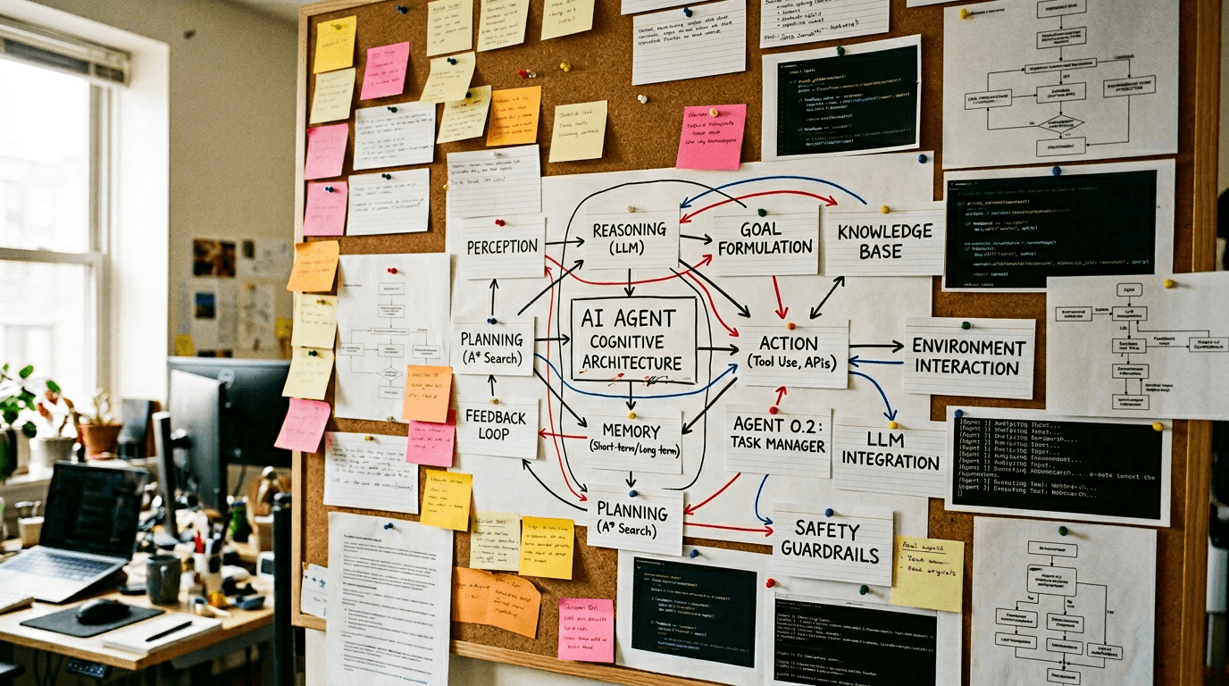 Corkboard covered in sticky notes and hand-drawn agent architecture diagrams
