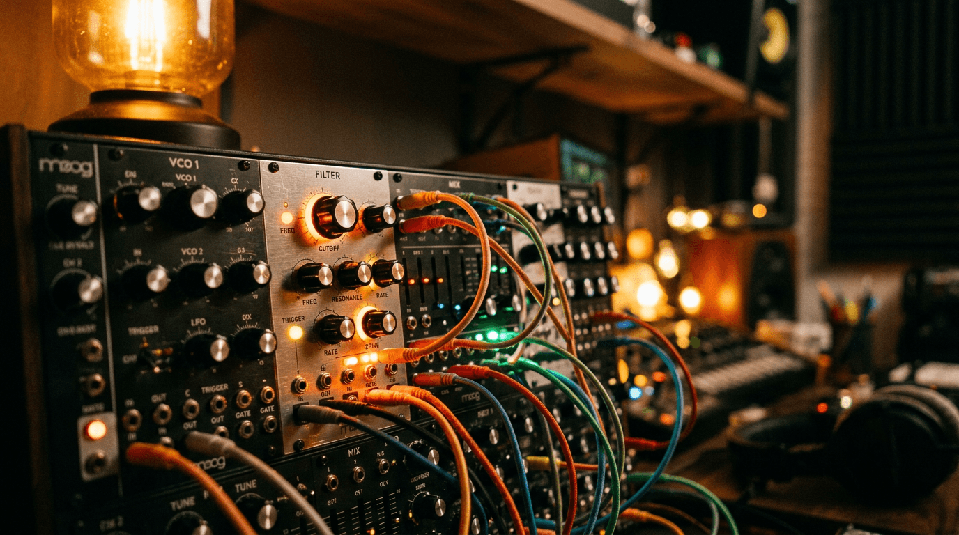 Close-up of a modular analog synthesizer with glowing patch cables