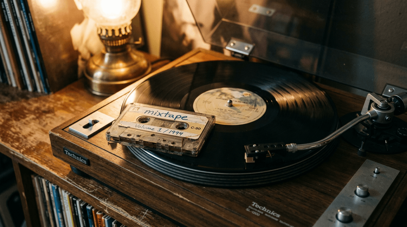 Vintage mixtape cassette resting on a vinyl record turntable