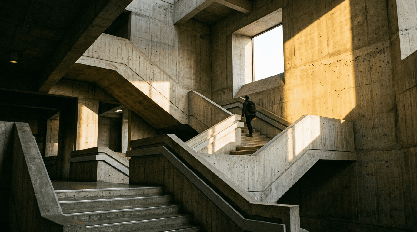 Geometric concrete stairwell with warm afternoon shadows