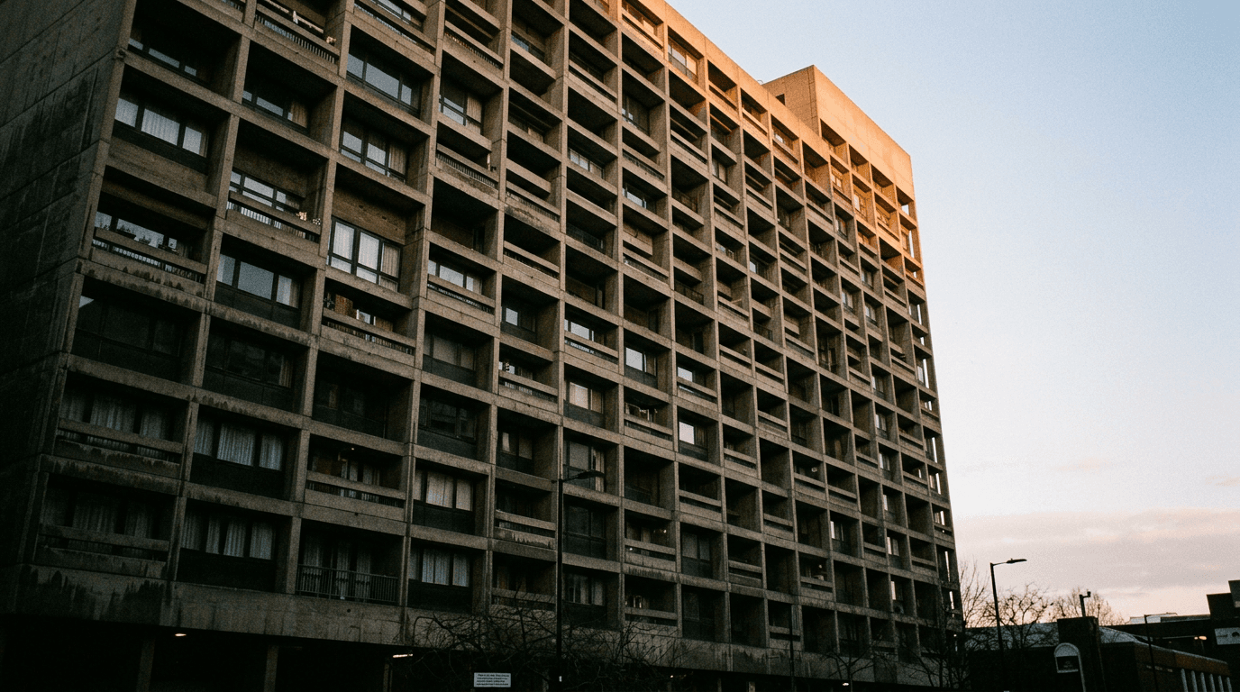 Low-angle shot of a brutalist apartment block at dawn