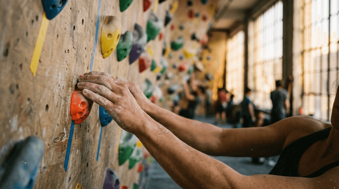 Chalked hands gripping climbing holds on an indoor bouldering wall