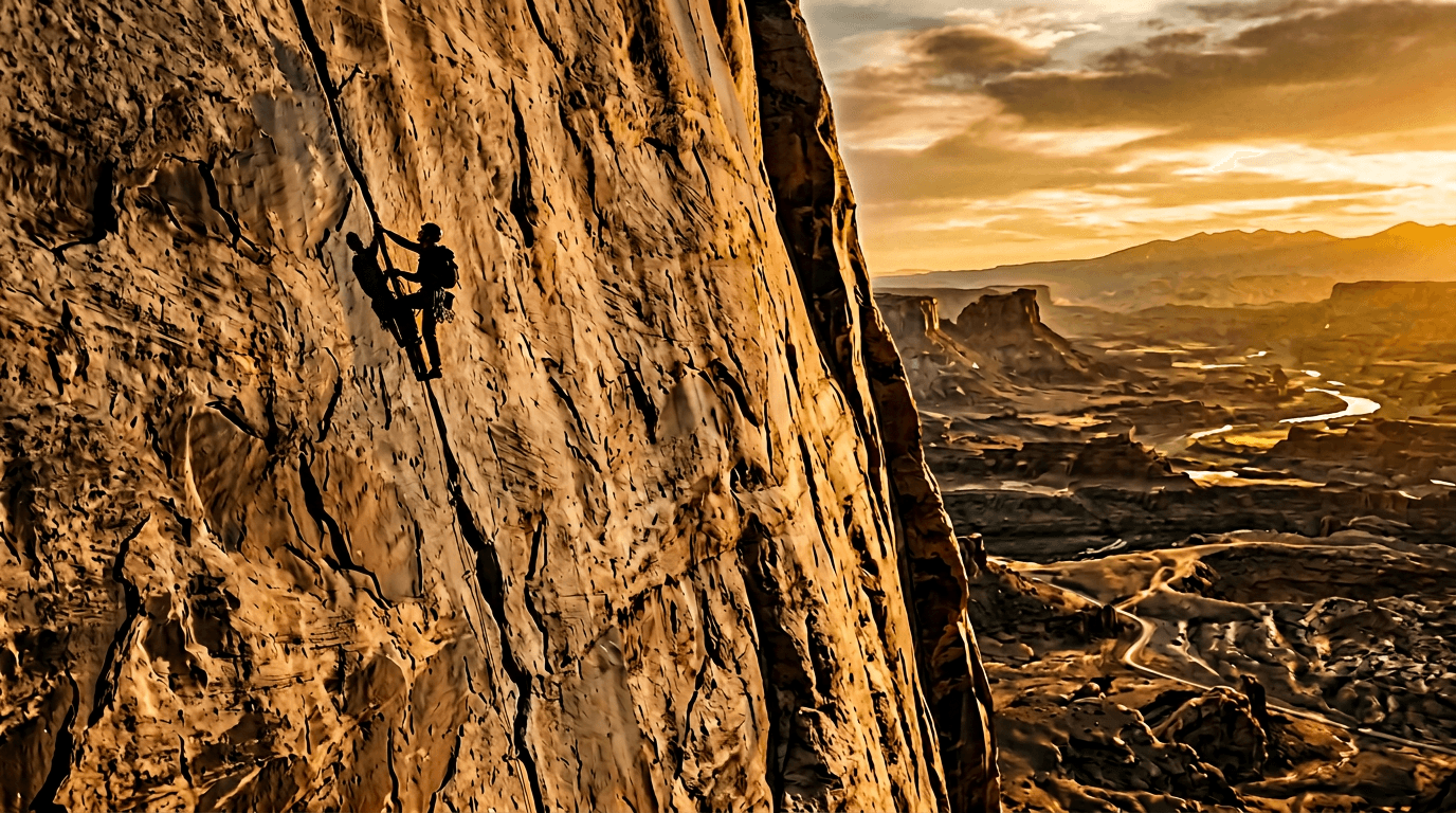 Climber silhouette on a sandstone cliff at golden hour