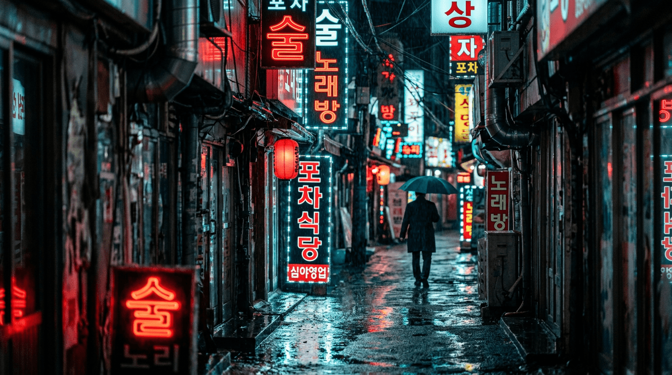 Neon-lit rainy Seoul back-alley at night