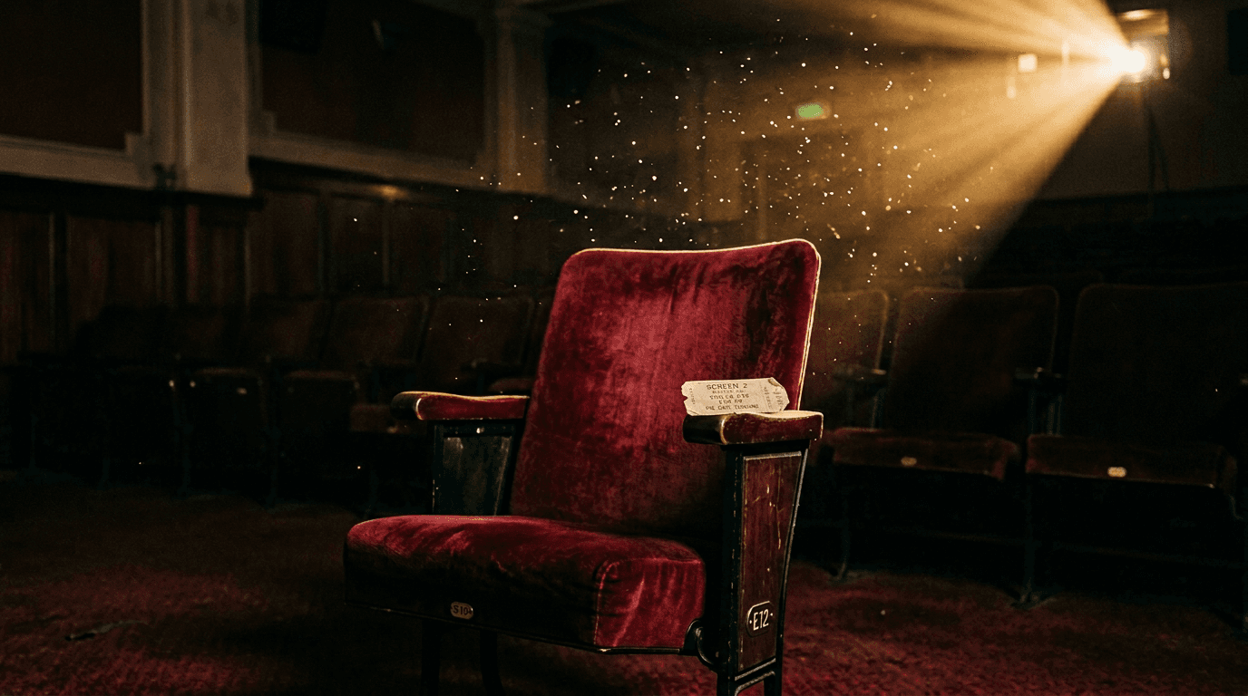 Empty red velvet cinema seat with a ticket stub in a projector beam