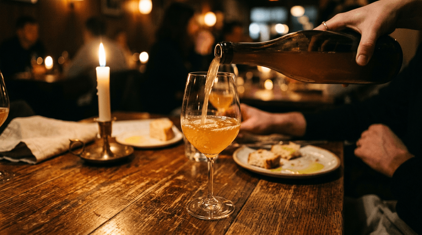 Orange natural wine being poured into a glass at a candle-lit table