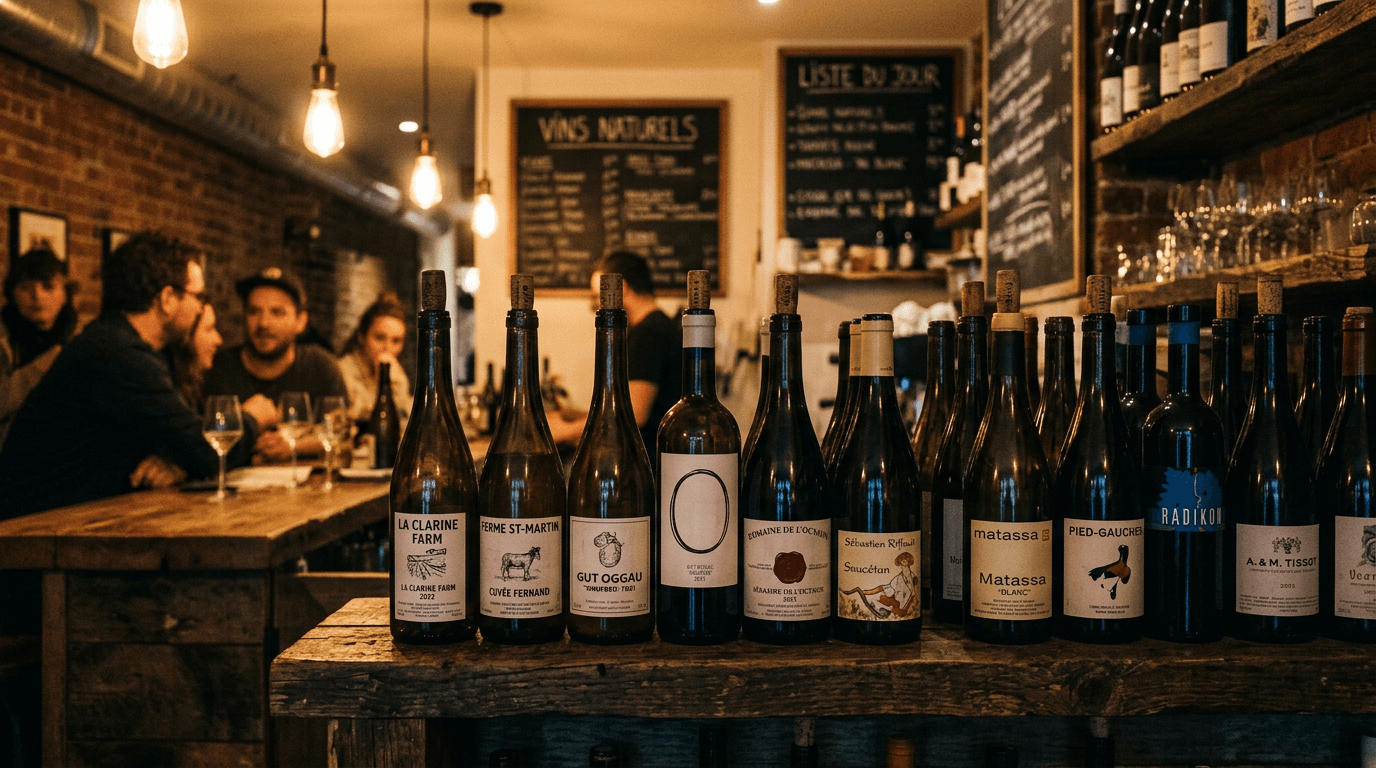 Row of rustic hand-labeled natural wine bottles on a wooden shelf
