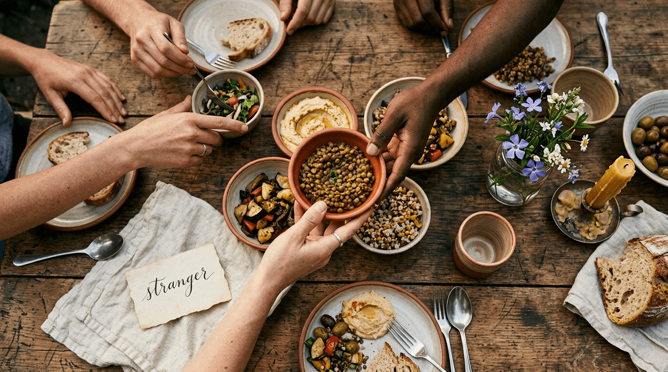 Overhead shot of hands reaching across a rustic wooden table to share bowls of food, with a hand-written name card reading 'stranger'